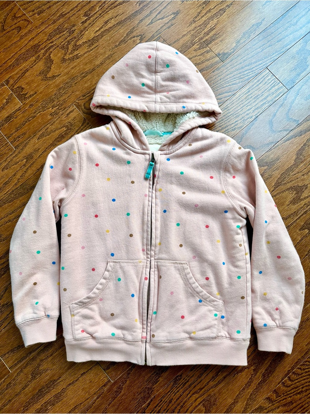 Mini Boden Pink Polka Dot Hooded Zip-Up with Cozy Sherpa lining